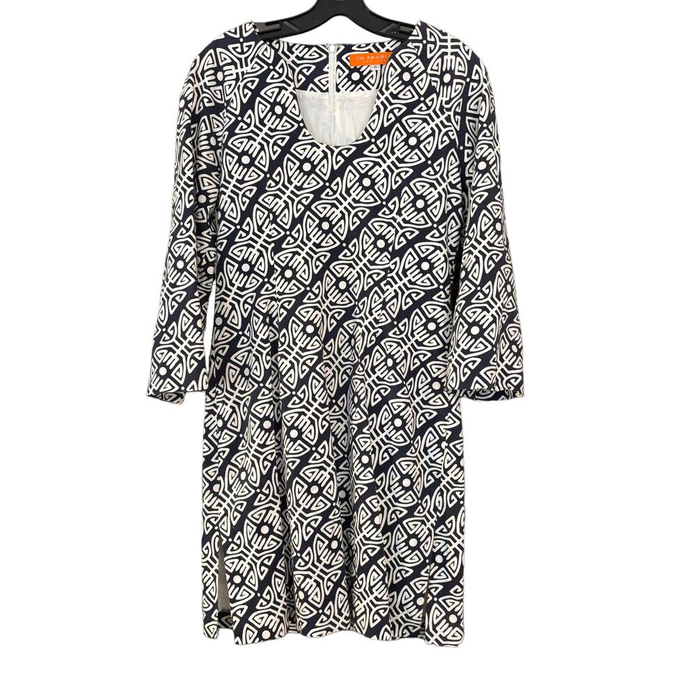 CK Bradley Geometric Dress Womans Sz 6 Blue White Bell Sleeves Classic Timeless